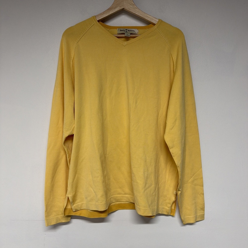 Tommy Bahama Men's Medium V Neck Sweater Long Sleeve Yellow Silk Wool Preppy
